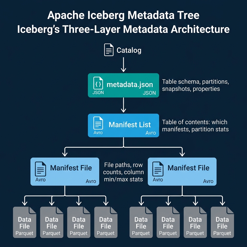 Iceberg's three-layer metadata architecture from catalog to metadata.json to manifest list to manifest files to data files