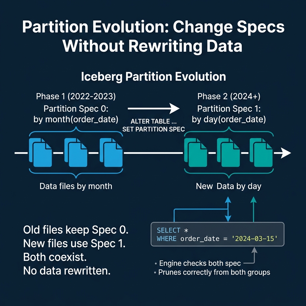 Iceberg partition evolution showing how old and new partition specs coexist without rewriting data