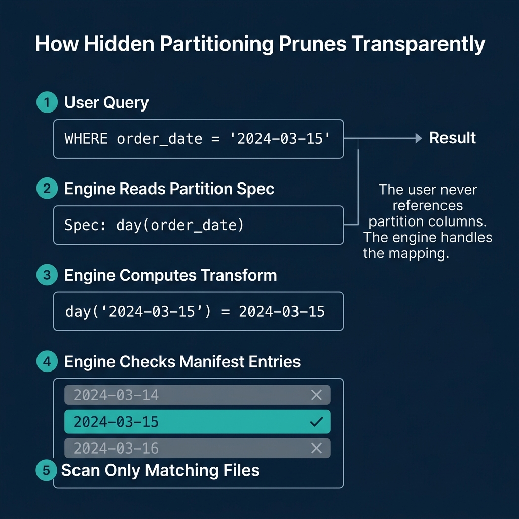 Step-by-step flow showing how the engine maps a user query through the partition spec to prune files