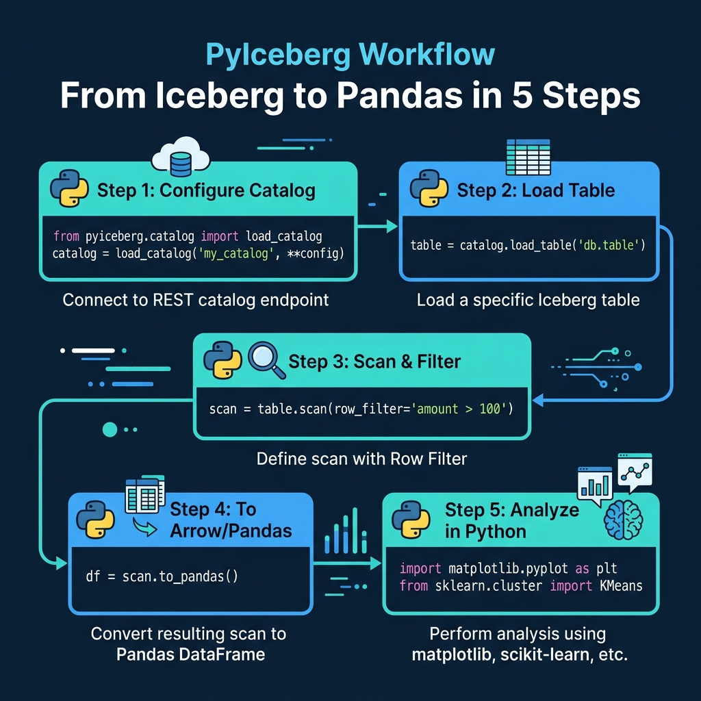The five-step PyIceberg workflow from catalog connection to analysis