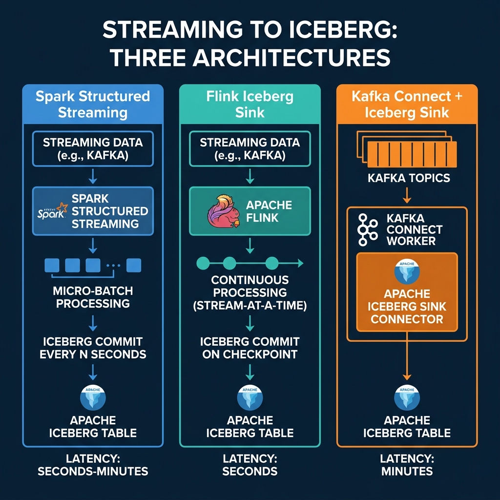 Three approaches to streaming data into Iceberg: Spark, Flink, and Kafka Connect